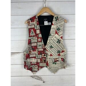 JLN USA Womens XL Red Cream Christmas Holiday Music Notes Print Made in USA